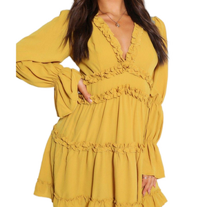 Boohoo Mustard Long Sleeve Ruffle Dress Sz 6